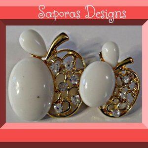 Gold Tone Apple Design Brooch With White Beads & Clear Crystals